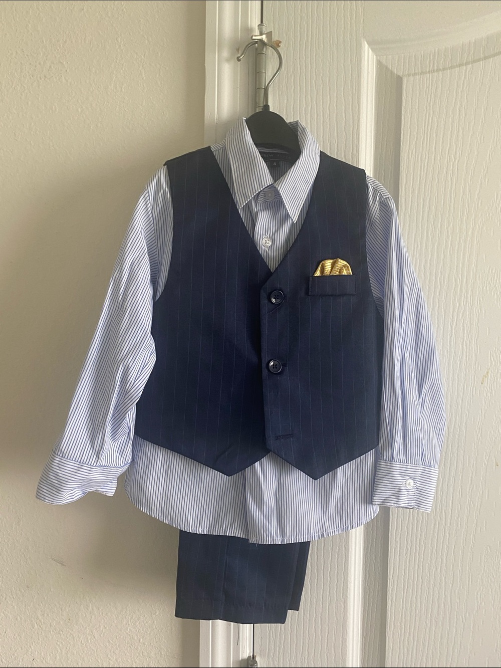 Boys Navy Pinstripe Vest Set with Blue Stripe Shirt and Gold Pocket Square